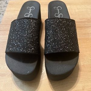 Jessica Simpson platform slides, black sparkly.
